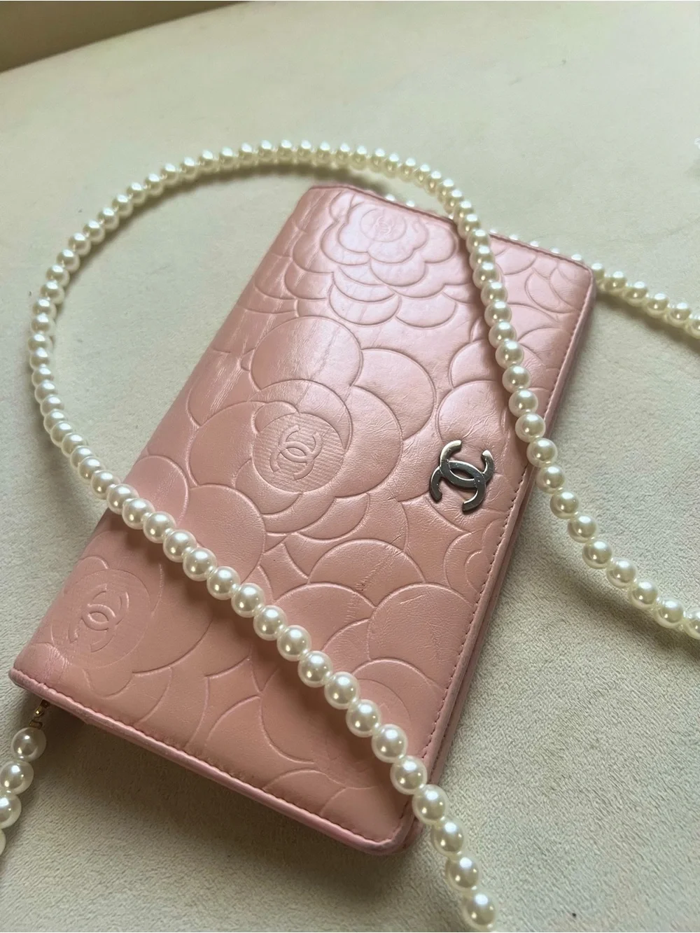 Chanel Camellia Pink Wallet with Pearl crossbody strap